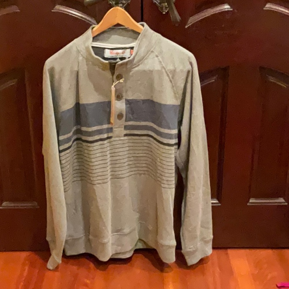 Hawke & Co Grey and Blue Stripe Men Medium Cotton Polyester Button Pullover New